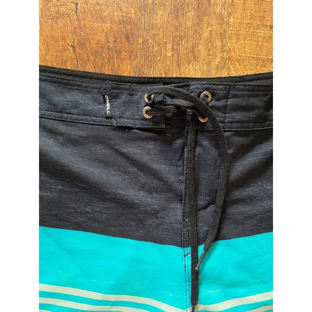 ONeill Mens Board Shorts 36 Black Teal‎ White Colorblock Striped Swim Trunks 9in